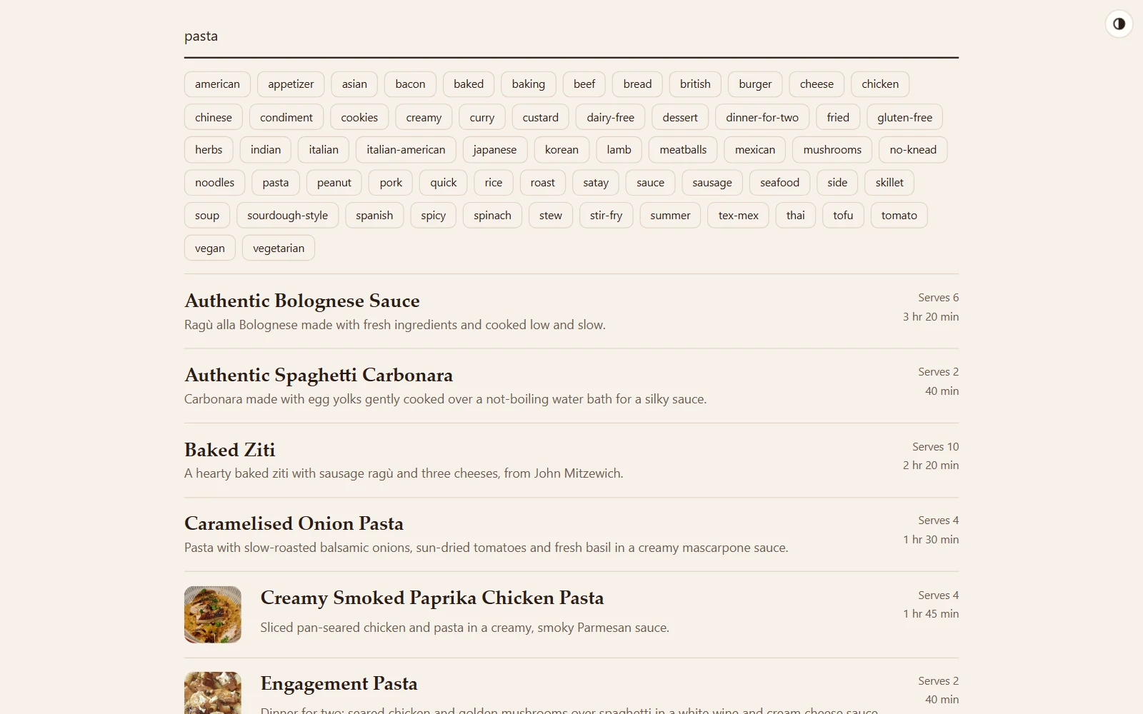 The home page with pasta typed into the search box and the list filtered to pasta recipes